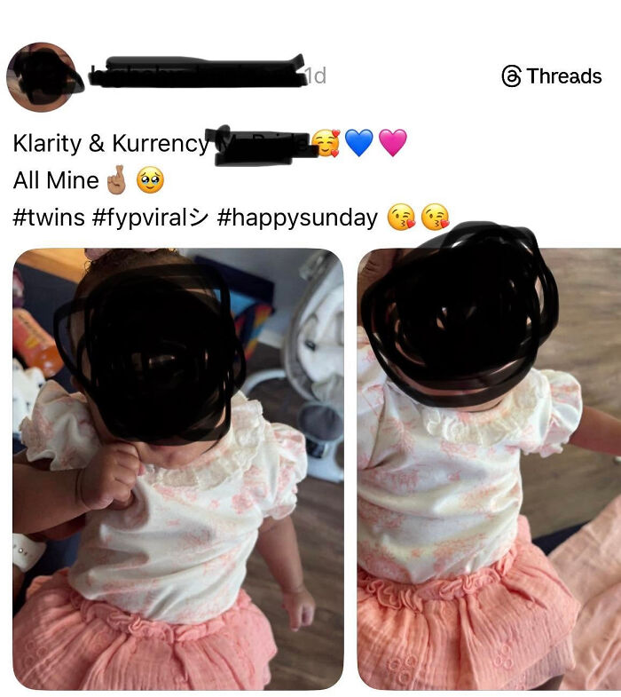 A social media post showing two babies named Klarity and Kurrency, illustrating unusual parents' names.