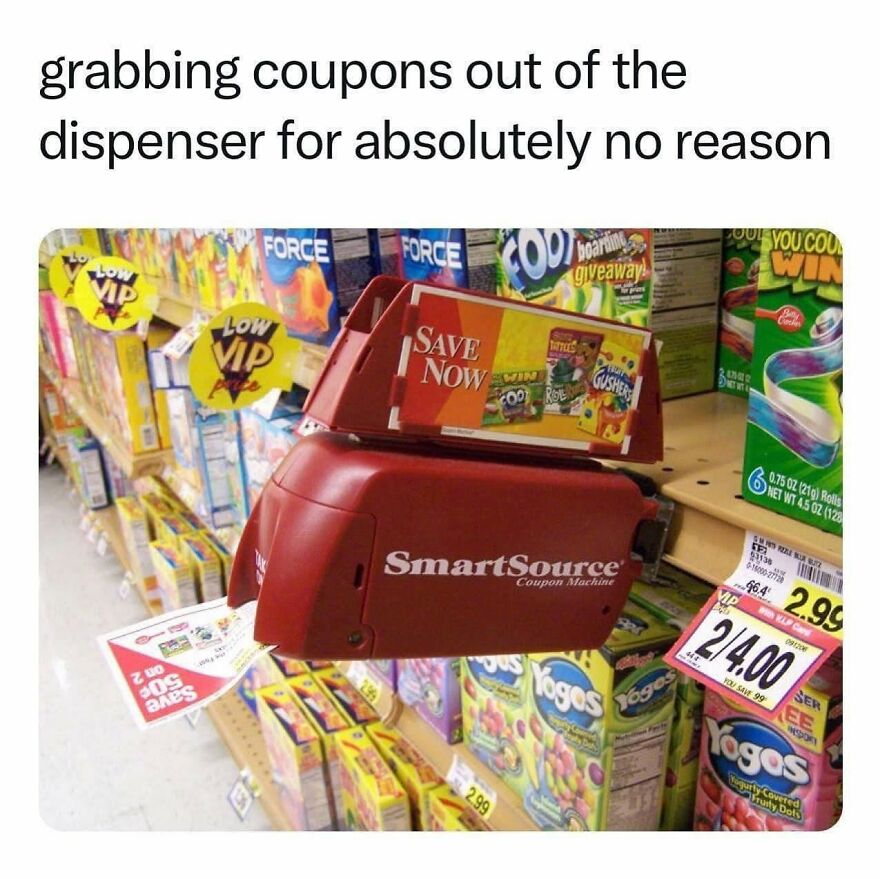 A meme for '90s babies' showing a SmartSource coupon machine in a grocery store aisle.