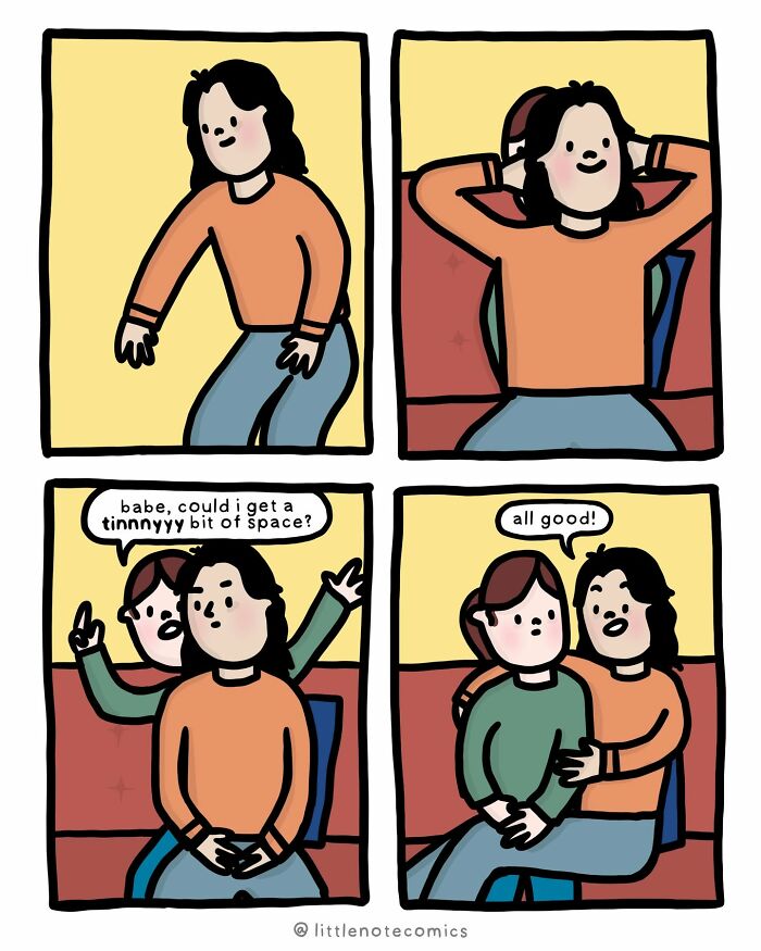 A comic showing relatable relationship quirks, with one partner asking for space and the other immediately respecting it.