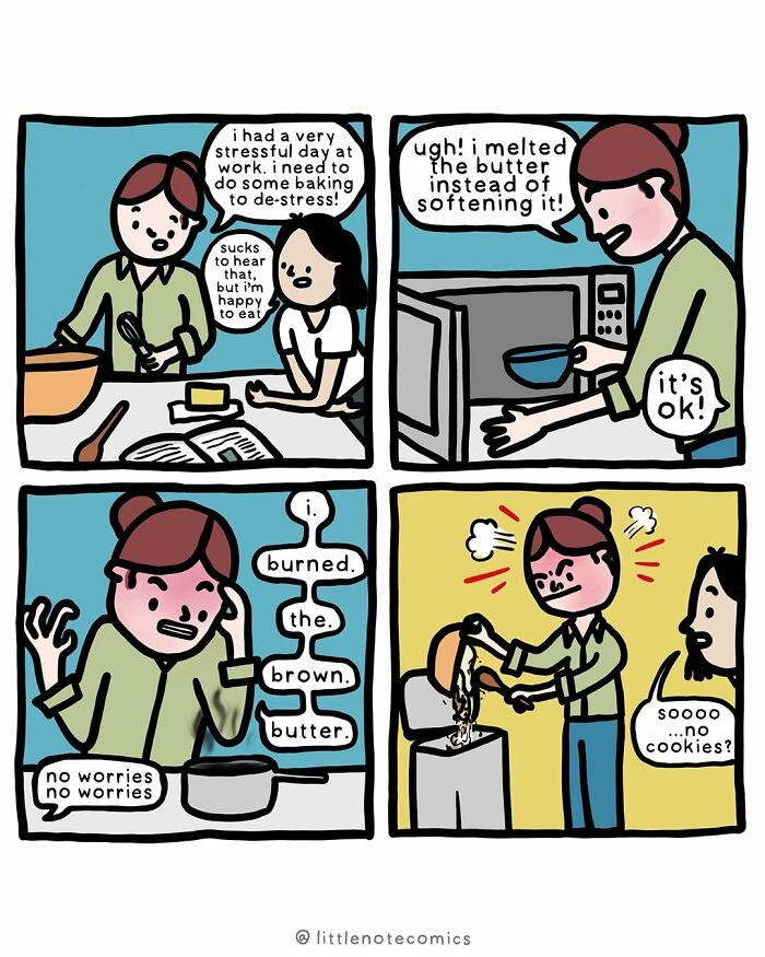 A comic featuring relatable relationship quirks, where one partner attempts to bake to de-stress but has a series of mishaps.