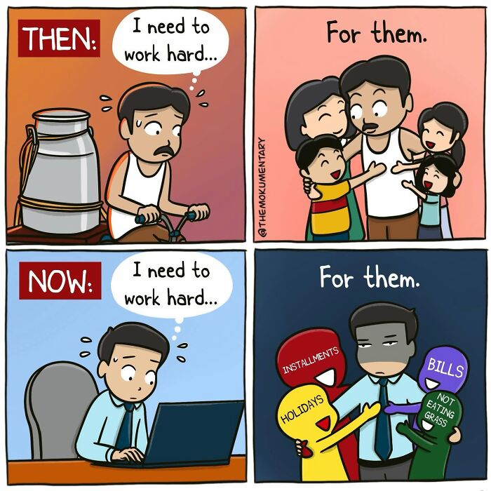 A Mokumentary comic strip showing a man working hard then and now, illustrating the awkward side of everyday life.