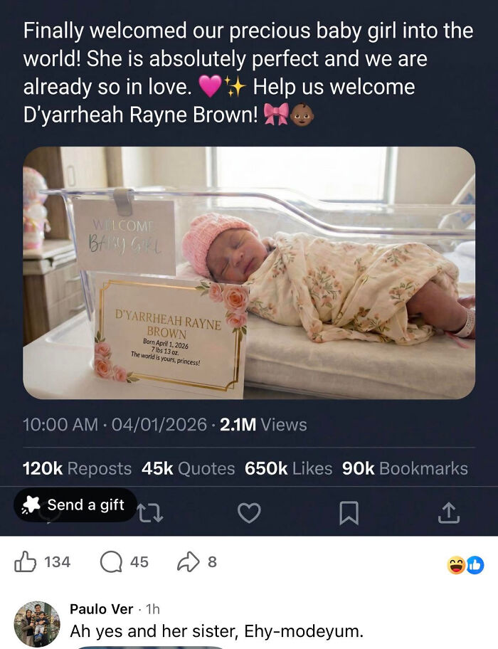 A social media post announcing baby D'yarrheah Rayne Brown's birth, highlighting unusual parents' names.