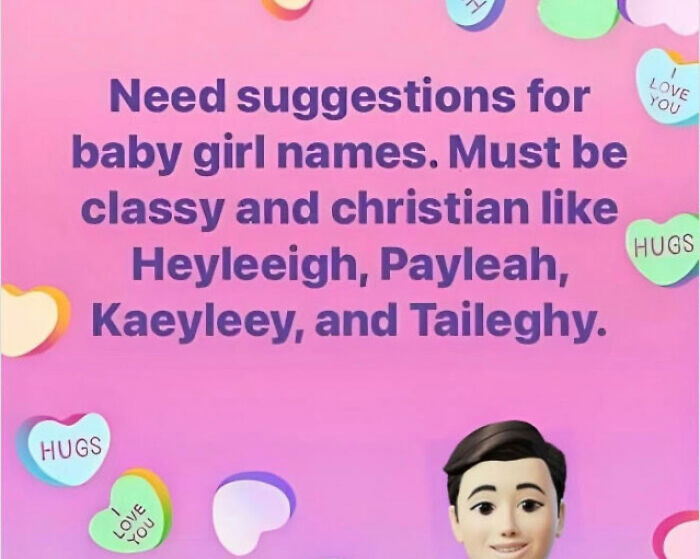 A social media post seeking baby girl names, featuring unique suggestions like Heyleeigh and Payleah for parents' names.