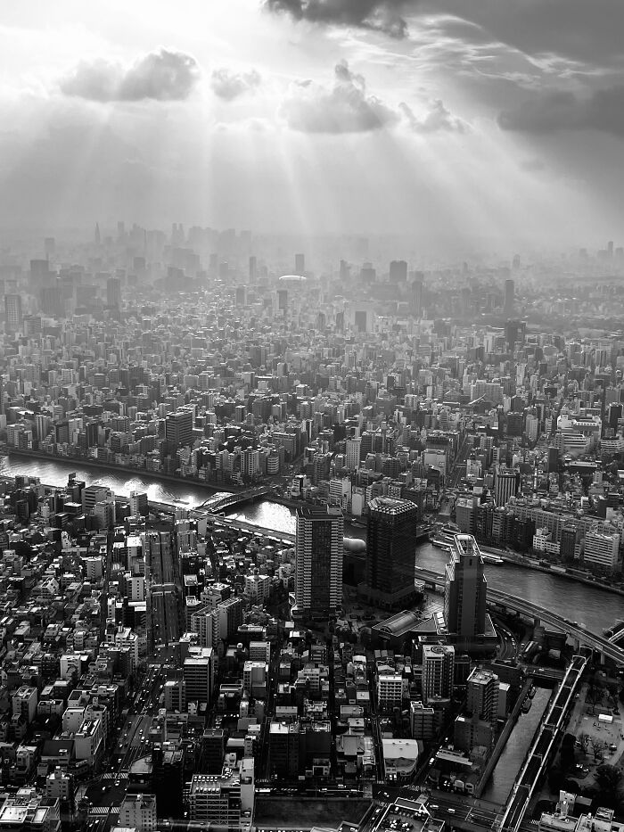 Spectacular black and white aerial photo of a city with a river and sunbeams, awarded at the Aerial Photographer of the Year competition.