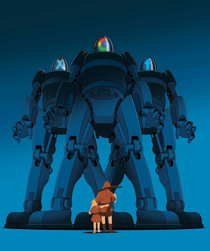 Thought-provoking illustration: two small figures face three giant robots with tech logos on their heads, symbolizing our lives dominated by technology.