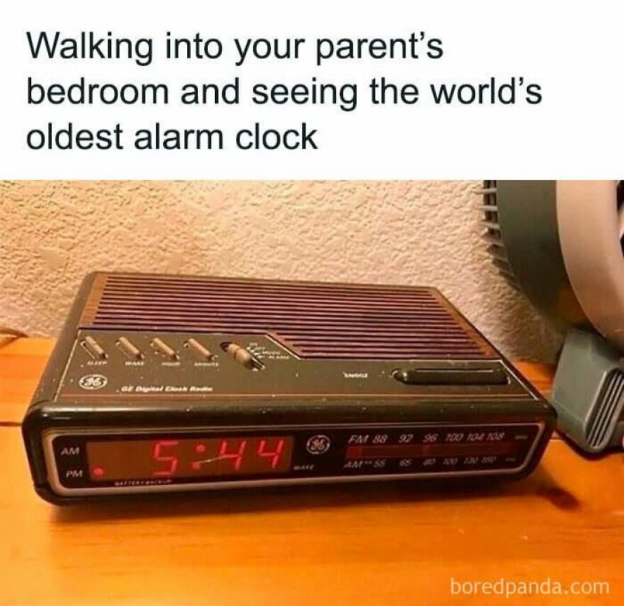 A meme of an old GE Digital Clock Radio, the world's oldest alarm clock, a familiar sight for '90s babies.