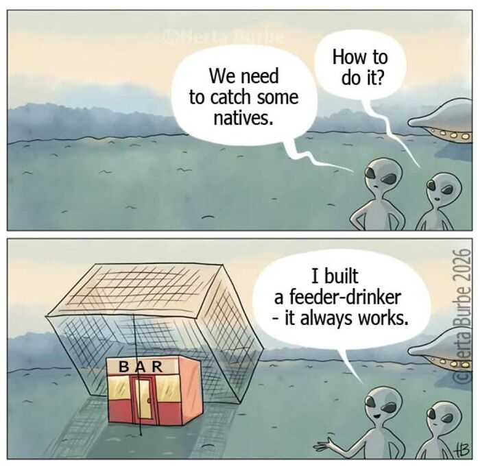 Herta Burbe illustration: two aliens discussing catching natives by building a trap with a bar sign.
