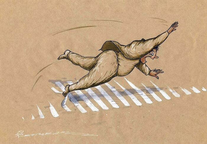 Satirical illustration depicting a person falling over a crosswalk in modern society, showing what is wrong.