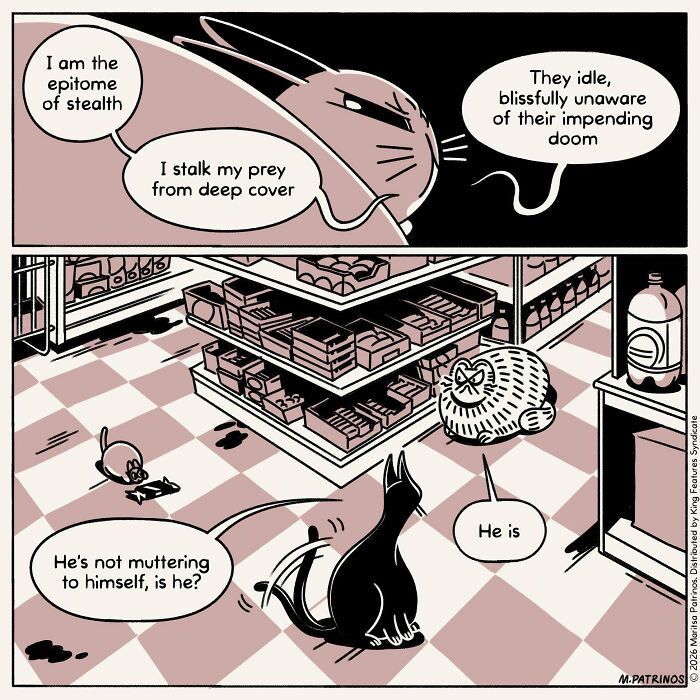 A comic of cats with jobs in a grocery store, with one cat stalking a mouse while other cats observe.