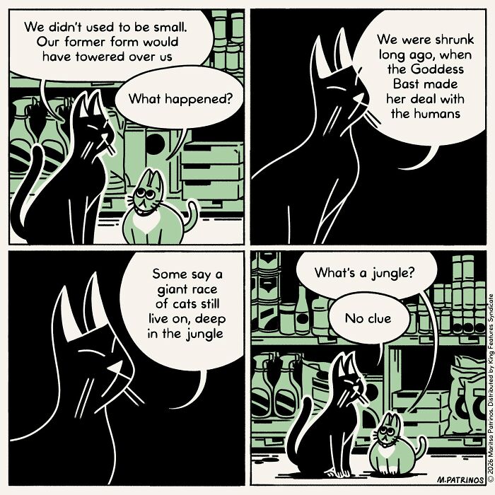 A comic strip depicting cats with jobs discussing their past forms and what happened to them.