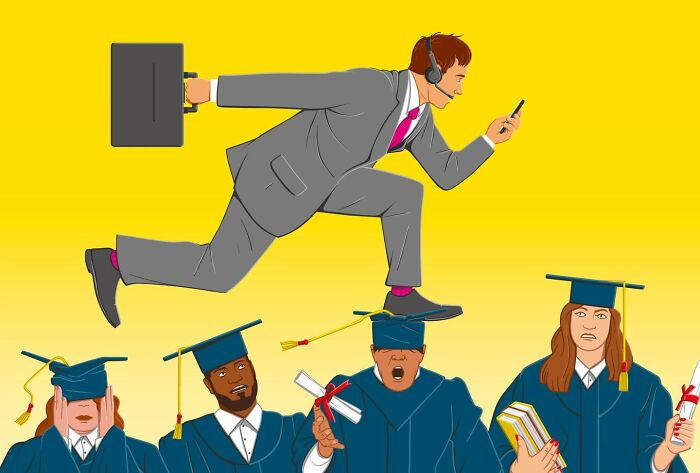 Illustration by Stephan Schmitz showing a businessman stepping on graduating students in a thought-provoking scene.