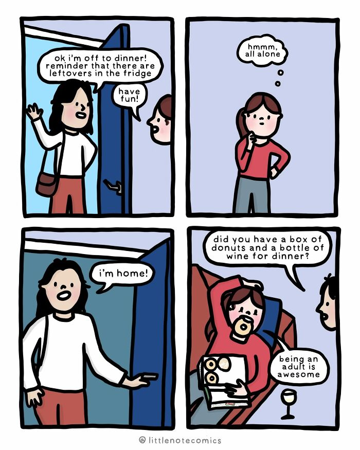 A comic illustrating relationship quirks, showing an adult enjoying donuts and wine when alone for dinner.