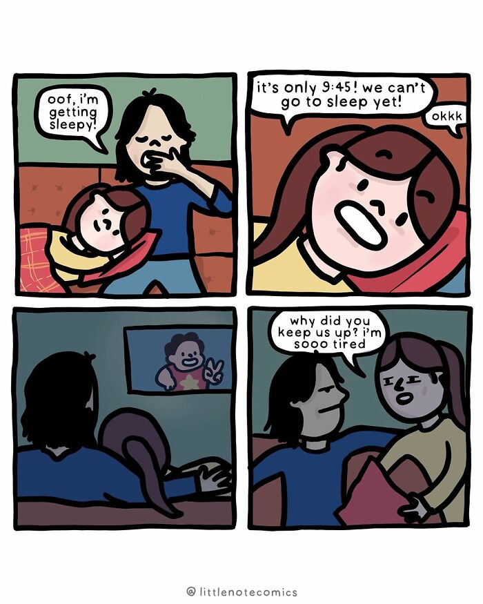 A comic illustrating relationship quirks, where one partner is sleepy but the other wants to stay up late.