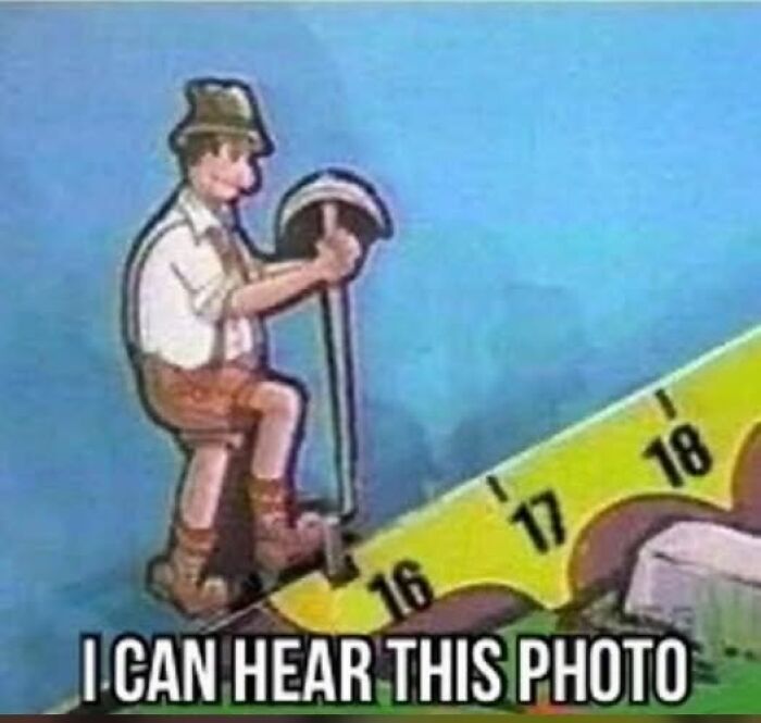 A cartoon figure climbing a ruler, with text saying I CAN HEAR THIS PHOTO, a classic Gen X meme.