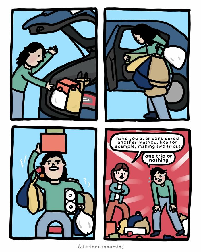 Artist illustrates relatable comics about relationship quirks, showing someone struggling with many bags from a car.