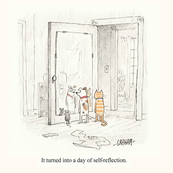 A delightfully weird cat comic showing a cat, dogs, and a mouse looking into a reflection, perfectly capturing why felines rule.