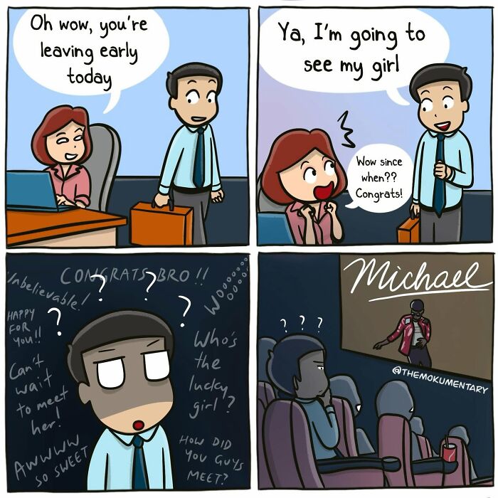 Mokumentary comic depicting an awkward office conversation about a colleague's plans, leading to a movie reveal.