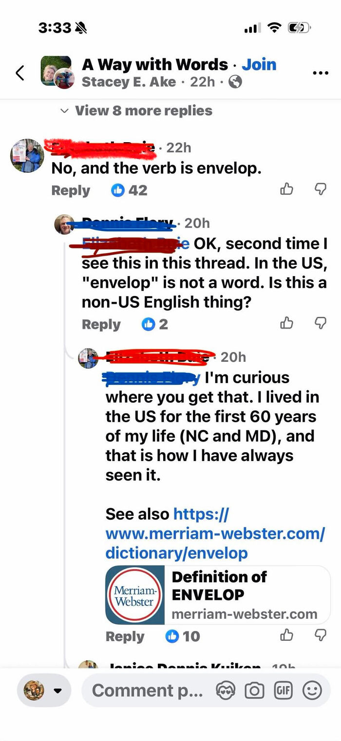 Know-It-Alls debate the correct usage and spelling of the word 'envelop' in a social media thread.