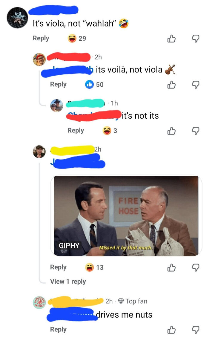 A Know-It-All corrects Viola to Voila in a social media comment section, only to be corrected themselves.
