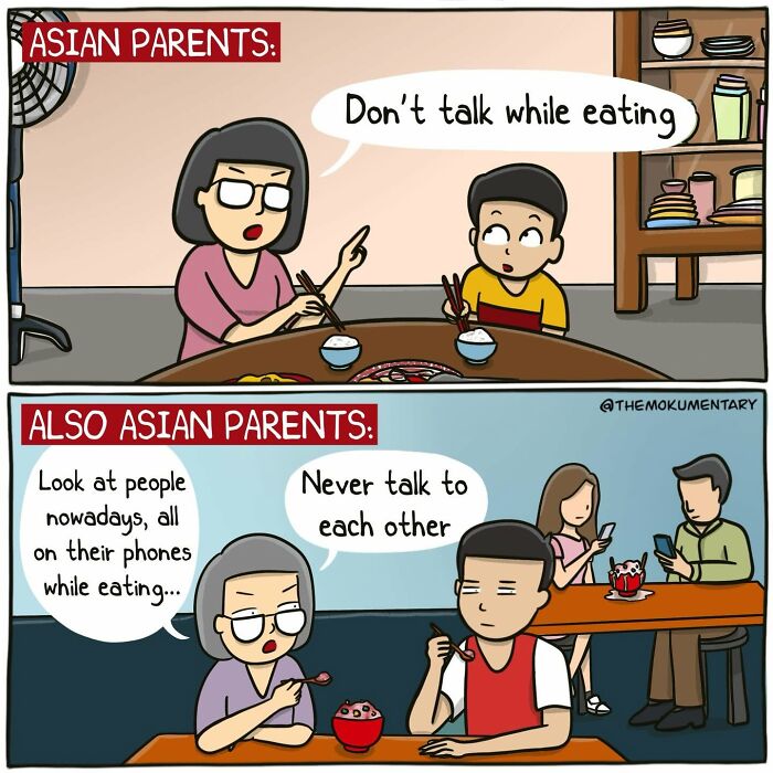 Mokumentary comic illustrating the awkward side of everyday life, specifically Asian parent dining contradictions.