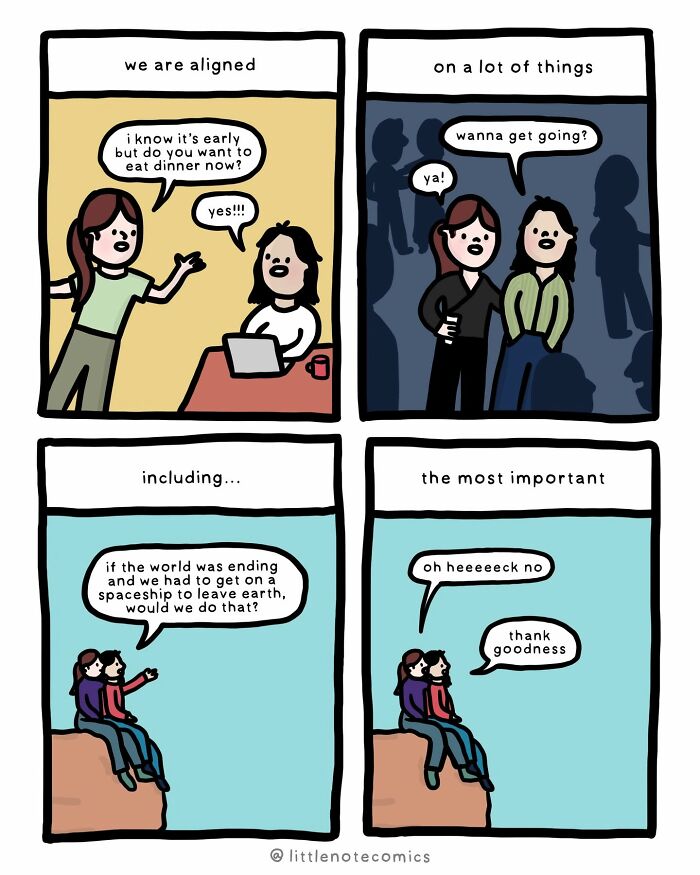 A comic illustrating relatable relationship quirks, with a couple aligned on wanting dinner early and not leaving earth in an apocalypse.
