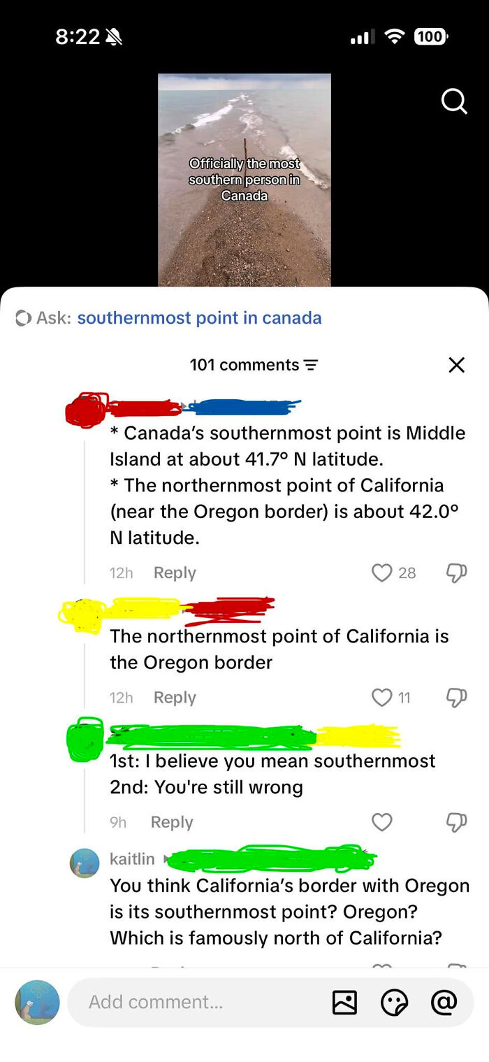 Know-It-Alls on social media correcting each other about Canada's southernmost point and California's border.