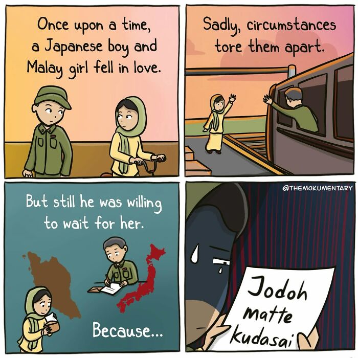 A Mokumentary comic tells a story of a Japanese boy and Malay girl in love, separated by circumstances, ending with a pun.
