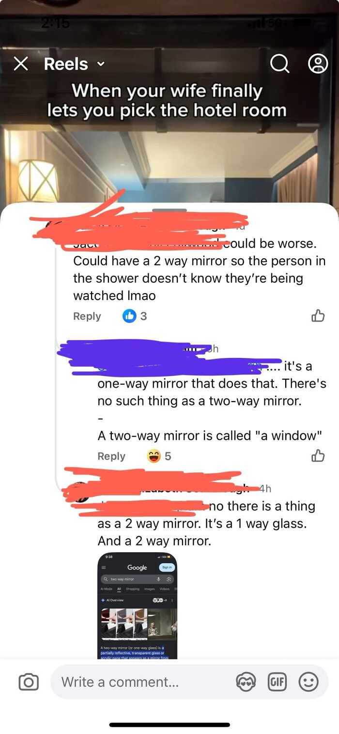 A social media post about picking a hotel room, followed by comments with corrections about mirrors, illustrating know-it-alls.