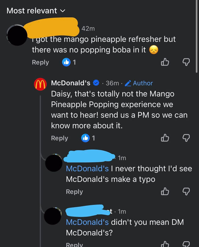 A Know-It-All user correcting McDonald's for a typo in a response about a mango pineapple refresher.