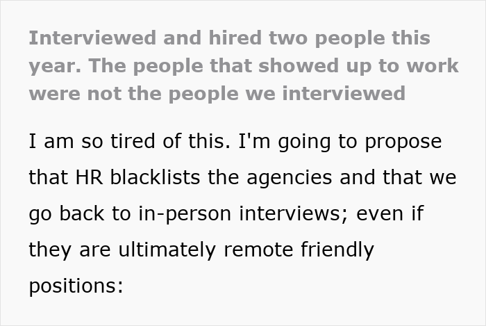 Screenshot of text detailing a hiring scam where interviewed candidates were not the people who showed up to work.