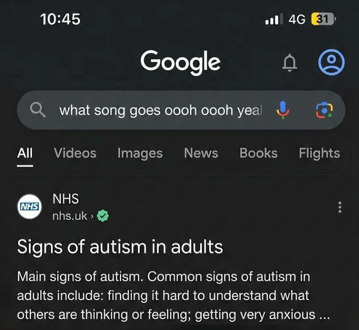 A Google search for 'what song goes oooh oooh yeal' showing results for 'Signs of autism in adults'. This is a funny pop culture post.