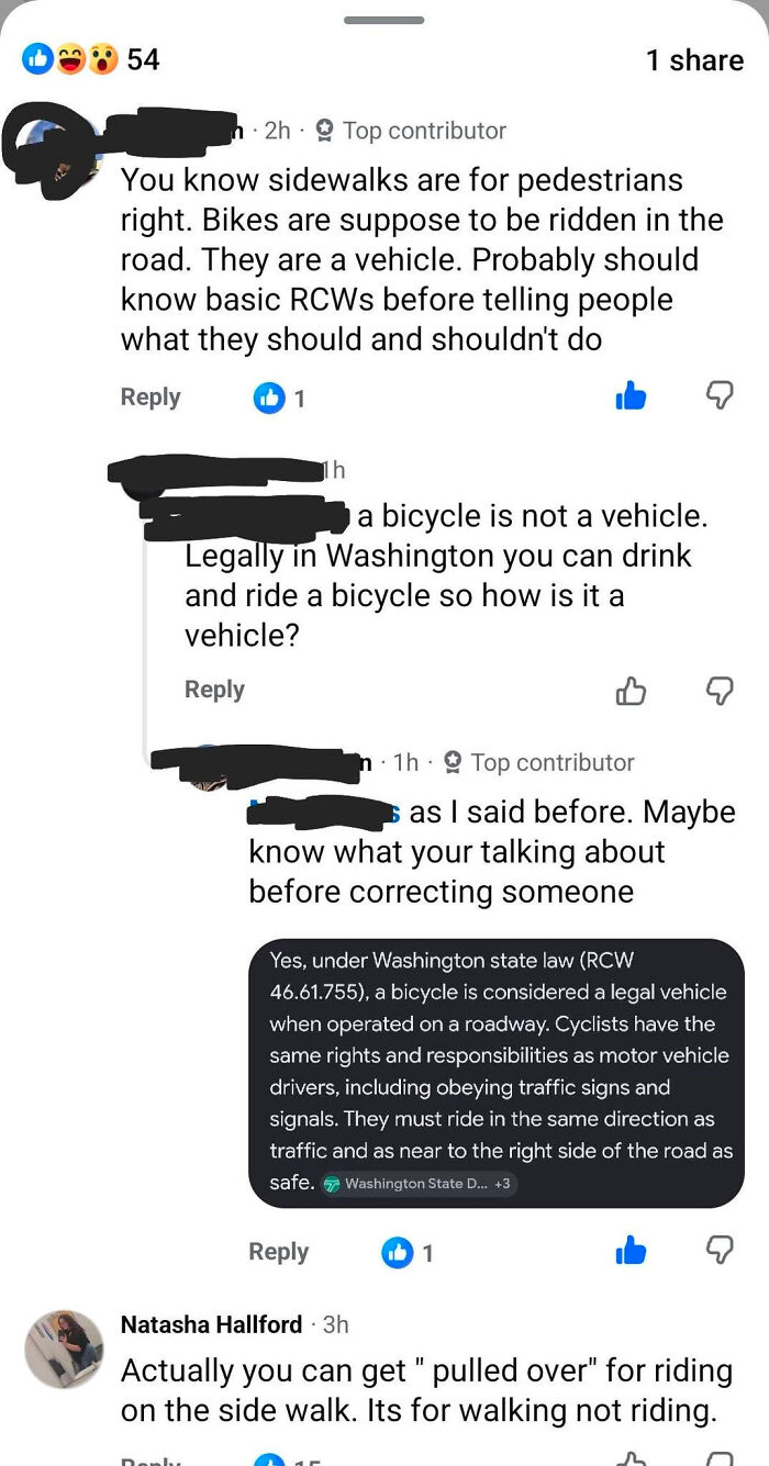 A social media discussion about bicycle laws and definitions, with users correcting each other, demonstrating know-it-alls.