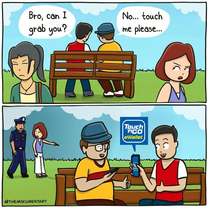 A comic from Mokumentary shows two women misinterpreting men discussing Touch 'n Go eWallet, illustrating awkward everyday life.