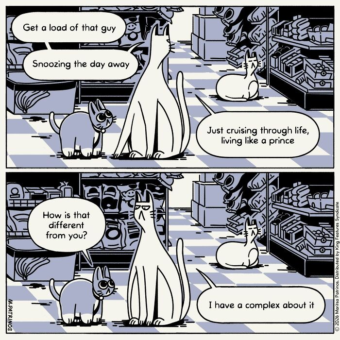 A comic imagines cats with jobs, coworkers, and responsibilities, discussing a sleeping cat and its easy life.