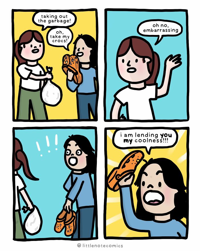 A comic illustrating relatable relationship quirks, depicting one person lending their orange Crocs to another to take out the garbage.