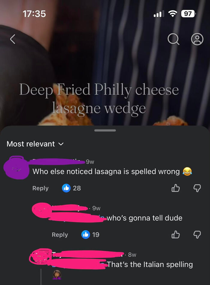 A social media post displaying a recipe title with a spelling error and comments correcting it, featuring know-it-alls.