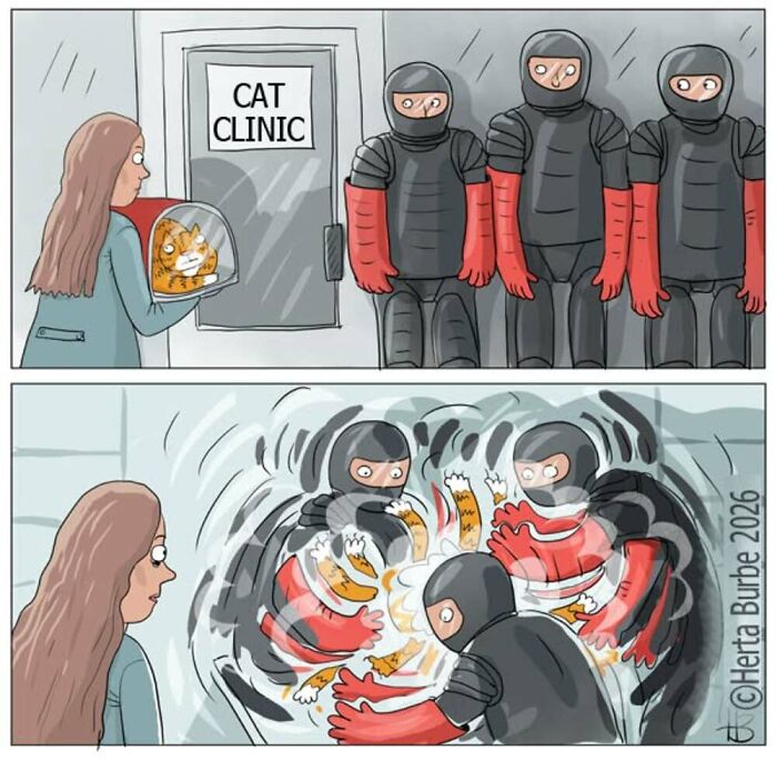 A comic by Herta Burbė showing a woman bringing a cat to a clinic where it is cloned by robots.