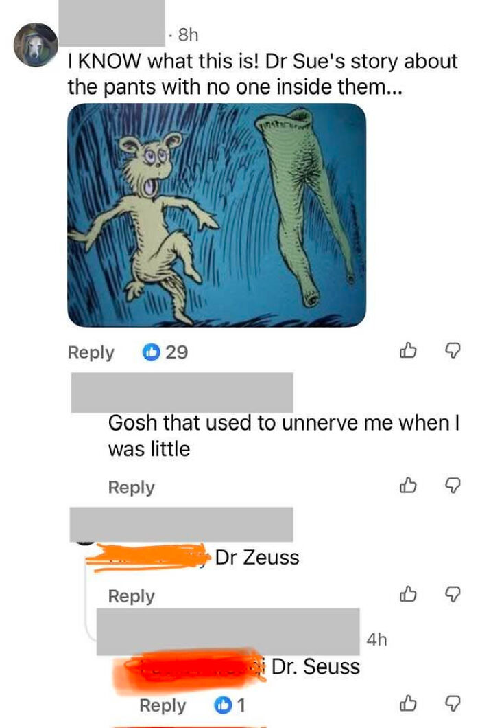 A social media post with an image from Dr. Seuss, followed by comments where users correct spelling, highlighting know-it-alls.