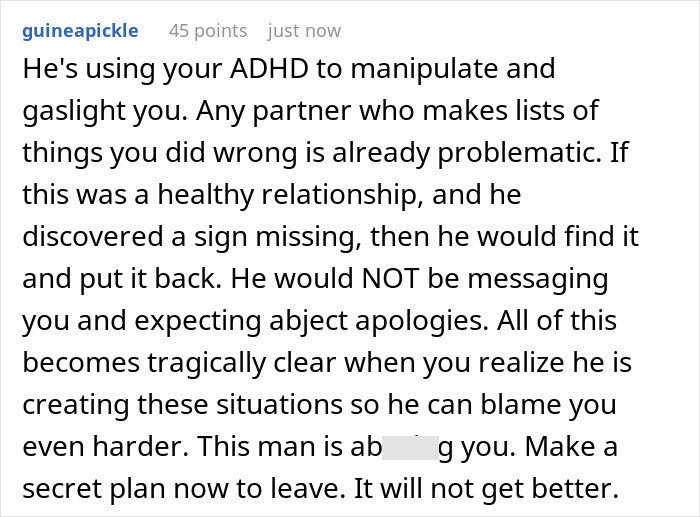 A comment explains how the boyfriend is manipulating and gaslighting the GF about the missing business sign. A comment explains how the boyfriend is manipulating and gaslighting the GF about the missing business sign.