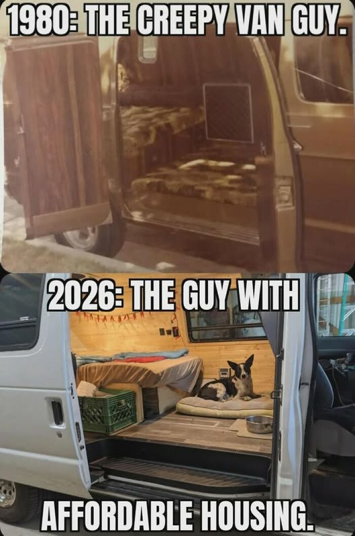 A split image comparing vans, a Gen X meme about van life.