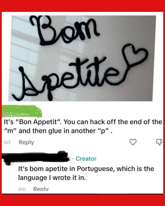A social media post shows a know-it-all correcting someone about Bom Apetite, not knowing it's Portuguese.