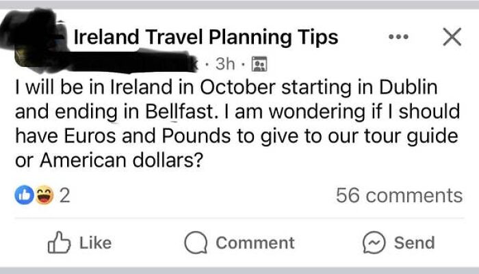 A screenshot of a confused American asking about using American dollars in Ireland, highlighting US confusion.