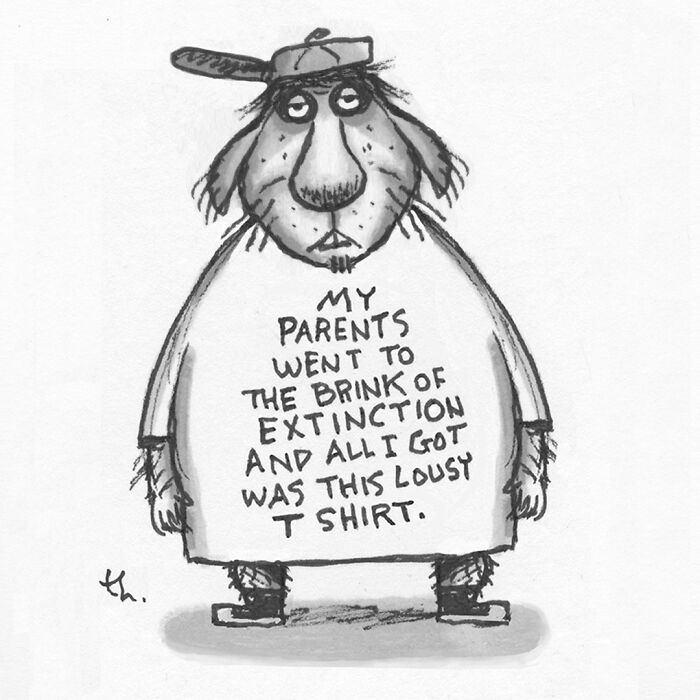 A funny single-panel cartoon depicts a large, shaggy creature wearing a T-shirt, a Tim Haggerty cartoon.
