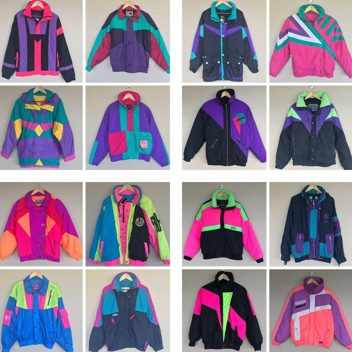 A vibrant collection of retro jackets, showcasing unique designs and colors, a fascinating display of fashion collections.