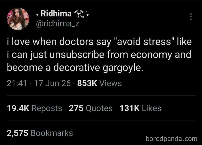 Funny and unpredictable sentences: A tweet from Ridhima saying doctors tell her to avoid stress, like she can become a gargoyle.