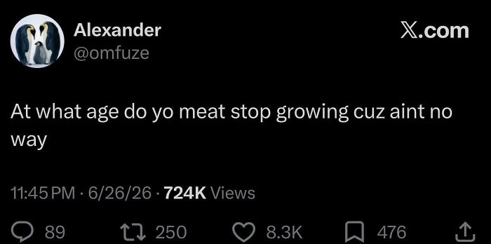 A funny, unpredictable sentence on X.com asking about meat growth.