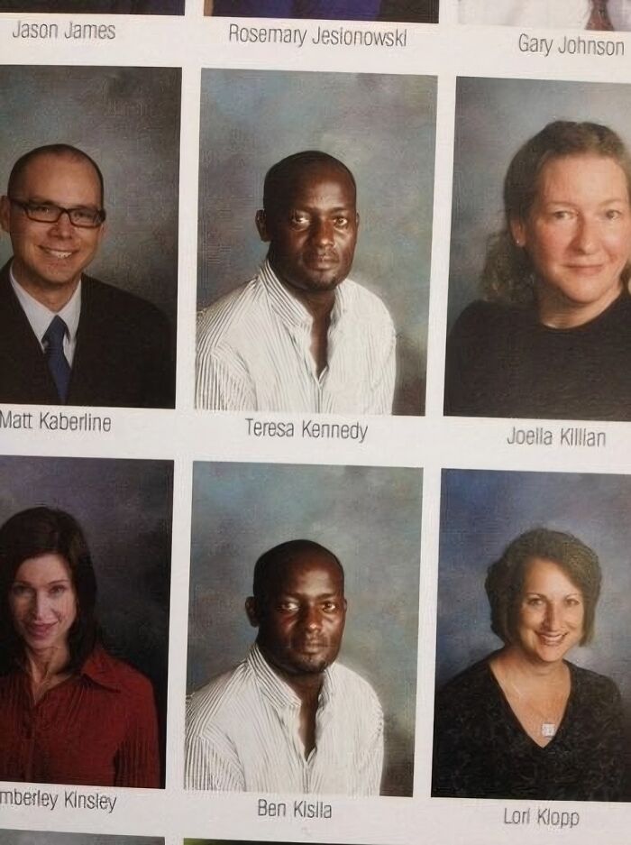 A yearbook fail with multiple duplicate photos of the same person appearing under different names, showing a common sense oversight.