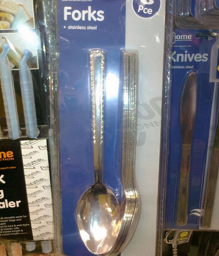 A package labeled Forks containing a spoon and two forks, an obvious You Had One Job fail.