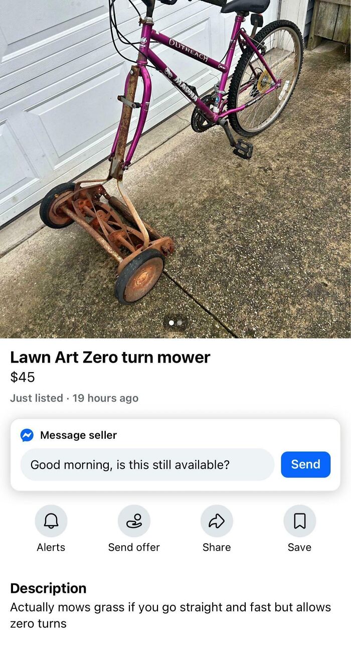 A lawn mower with a bicycle frame, one of many unhinged marketplace listings.