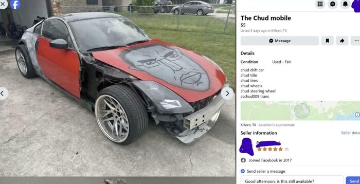 A car with a cartoon face painted on the hood, an unhinged marketplace listing.